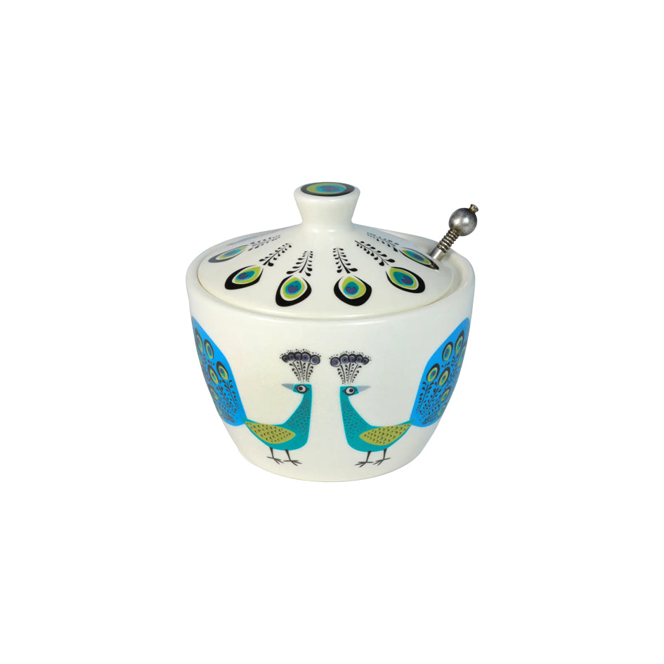 Afbeelding van keramiek suiker potje met illustratie van twee pauwen in blauw en turquoise Hannah Turner Ceramics - SuperMatique 