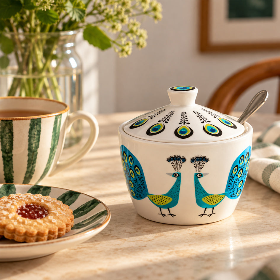 Afbeelding van keramiek suiker potje met illustratie van twee pauwen in blauw en turquoise Hannah Turner Ceramics - SuperMatique 