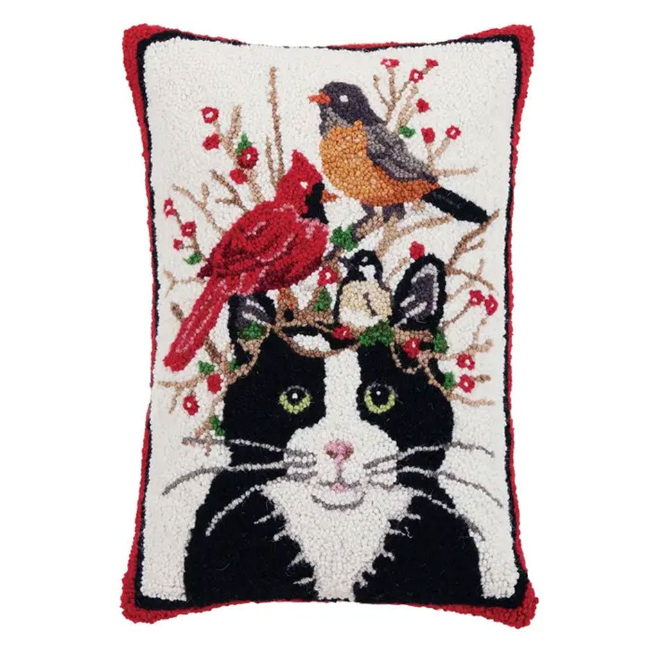Kat en Vogels Handgeknoopt Sierkussen - SuperMatique