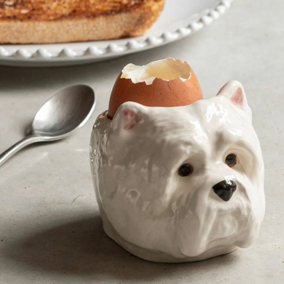 Afbeelding van handbeschilderd keramiek eierdopje in vorm van een westie hondkopje Quail Ceramics - SuperMatique